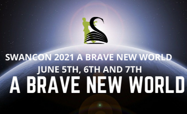 SWANCON swan logo over a background of the sun rising over Earth, and information:
Swancon 2021 A Brave New World, June 5th, 6th and 7th